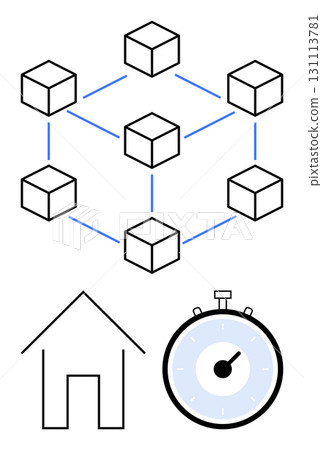 Networked cubes connected by blue lines, simple house outline, and minimalistic stopwatch. Ideal for technology, networking, time management, project planning, home improvement, efficiency Networked cubes connected by blue lines, simple house outline, and minimalistic stopwatch. Ideal for technology, networking, time management, project planning, home improvement, efficiency 131113781