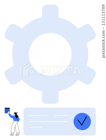 Person marking a checklist with a blue checkmark in front of a large blue gear. Ideal for productivity, task management, project planning, efficiency, organization, workflow optimization, teamwork Person marking a checklist with a blue checkmark in front of a large blue gear. Ideal for productivity, task management, project planning, efficiency, organization, workflow optimization, teamwork 131113789