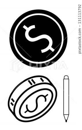 Coin icons featuring dollar signs in monochrome style alongside a pen. Ideal for finance, banking, investments, accounting, budgeting, economics, business materials. Line metaphor Coin icons featuring dollar signs in monochrome style alongside a pen. Ideal for finance, banking, investments, accounting, budgeting, economics, business materials. Line metaphor 131113792