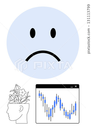 Blue sad face emotion, abstract human head with blooming flowers, and a financial chart with candlestick graph. Ideal for mental health, mood swings, investment analysis, emotional well-being Blue sad face emotion, abstract human head with blooming flowers, and a financial chart with candlestick graph. Ideal for mental health, mood swings, investment analysis, emotional well-being 131113799