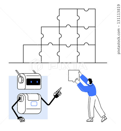 Human and robot, puzzle pieces. Ideal for technology, teamwork, innovation, problem-solving, collaboration, AI, future of work. Line metaphor 131113819