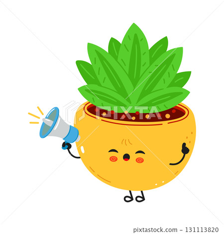 Cute succulent plant character shouting through megaphone 131113820