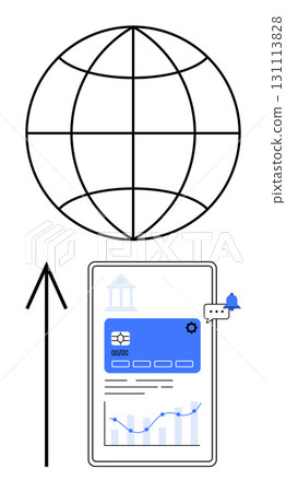 Globe above a digital banking interface with an upward arrow. Ideal for finance, technology, globalization, growth, online services, digital security, data analysis. Line metaphor Globe above a digital banking interface with an upward arrow. Ideal for finance, technology, globalization, growth, online services, digital security, data analysis. Line metaphor 131113828