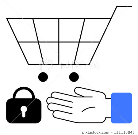 Shopping cart, hand, lock symbol, and two dots emphasize security in online shopping and transactions. Ideal for e-commerce, privacy, security, protection, safety digital transactions online 131113845