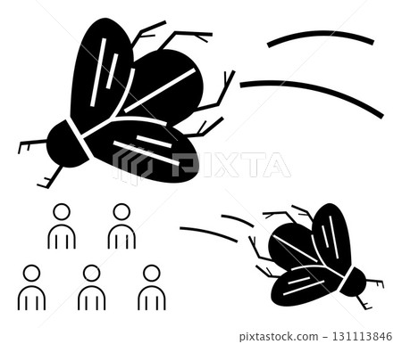 Large and small insects in flight above six human symbols with motion indicators. Ideal for illustrating disruption, annoyance, pests, invasion, crowd reaction, environmental impact, and dynamics of 131113846