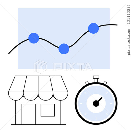 Chart with a rising line and blue points small shop building and stopwatch. Ideal for business, finance, retail, growth, time management, efficiency, planning. Line metaphor Chart with a rising line and blue points small shop building and stopwatch. Ideal for business, finance, retail, growth, time management, efficiency, planning. Line metaphor 131113855