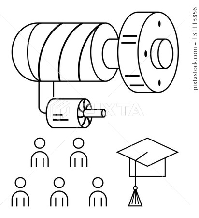 Industrial machine component six team members, and graduation cap. Ideal for teamwork, engineering, education, graduation, machinery, collaboration, academic success. Line metaphor 131113856