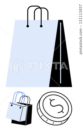 Large shopping bag with handles next to smaller bag and coin. Ideal for online shopping, e-commerce, retail business, consumer spending, financial transactions, product promotion, marketing. Line Large shopping bag with handles next to smaller bag and coin. Ideal for online shopping, e-commerce, retail business, consumer spending, financial transactions, product promotion, marketing. Line 131113857