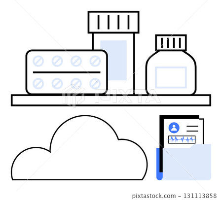 Medication bottles and tablet blister pack on a shelf above a cloud icon and patient records in a folder. Ideal for pharmacy management, healthcare technology, medical records, digital storage 131113858