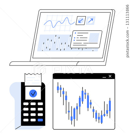 Laptop displaying financial charts and a web window with market data alongside, a payment terminal with receipt. Ideal for finance, data analysis, market research, banking, investment, trading Laptop displaying financial charts and a web window with market data alongside, a payment terminal with receipt. Ideal for finance, data analysis, market research, banking, investment, trading 131113866
