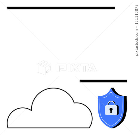Cloud outline and blue shield with a lock icon on white background. Ideal for data protection, online storage, cybersecurity, cloud services, information security, internet privacy, and secure 131113872
