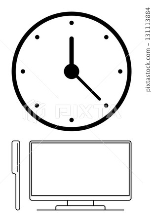 Analog clock showing time, desktop computer monitor, and pen. Ideal for office settings, time management, productivity, scheduling, workplace organization online meetings remote work. Line metaphor 131113884