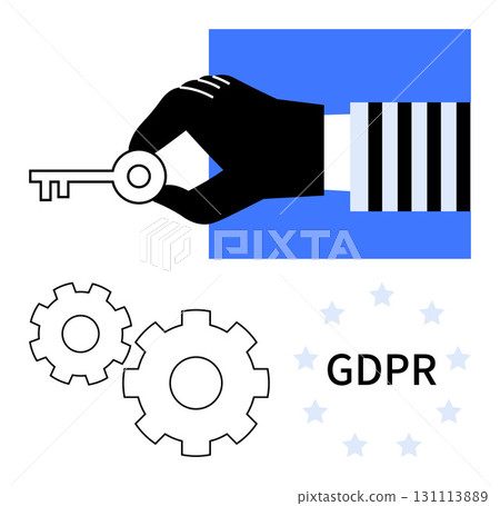 Hand holding a key signifies data access and control. Gears represent system integration. GDPR surrounded by stars emphasizes data protection. Ideal for data security, privacy laws, IT management 131113889