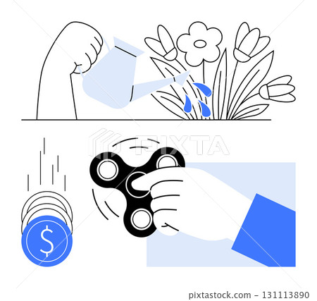 Hand watering flowers symbolizes growth, hand spinning fidget spinner for stress relief, coins dropping signify financial management. Ideal for finance, wellness, education, productivity, relaxation 131113890