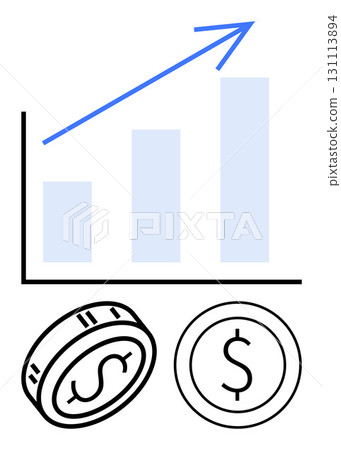 Financial bar chart with upward blue arrow indicating growth alongside two currency coins. Ideal for business, finance, investment, economic growth, revenue, profits, and savings themes. Line Financial bar chart with upward blue arrow indicating growth alongside two currency coins. Ideal for business, finance, investment, economic growth, revenue, profits, and savings themes. Line 131113894