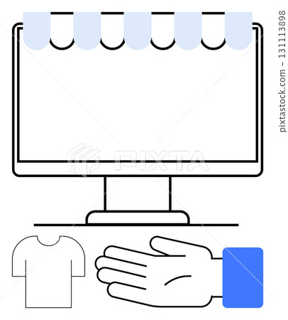 Computer screen with store canopy, outstretched hand, and shirt icon symbolizing online shopping, retail transactions, and ecommerce. Ideal for digital marketplace, virtual stores, product sales 131113898