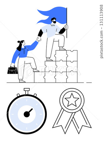 Figures cooperate atop puzzle blocks, holding a flag, stopwatch symbolizes time management, ribbon signifies success. Ideal for teamwork, leadership, achievement, motivation, time management Figures cooperate atop puzzle blocks, holding a flag, stopwatch symbolizes time management, ribbon signifies success. Ideal for teamwork, leadership, achievement, motivation, time management 131113908