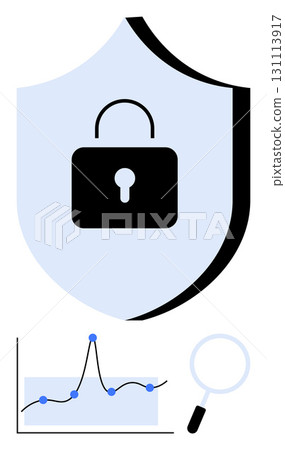 Shield with a lock symbol graph with data points magnifying glass. Ideal for cybersecurity, protection, privacy, data analysis, safety, encryption, monitoring. Line metaphor 131113917