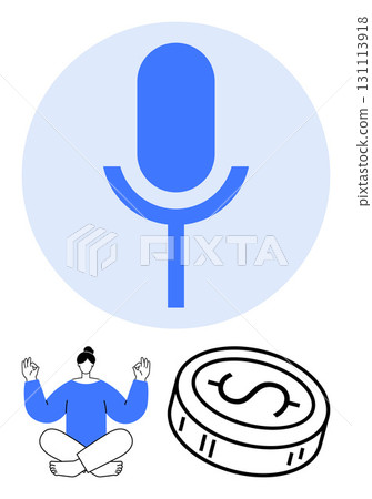 Blue microphone within a circle, person meditating, and coin represent voice, mindfulness, and financial stability. Ideal for podcasts, mindfulness apps, finance services, wellness content creation 131113918