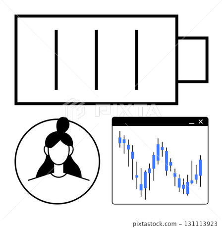 Battery with three bars, circle containing female user profile, software window showing stock market graph. Ideal for user status, energy level, tech interface, finance report, user experience, data 131113923