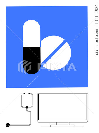 Capsule, tablet on blue square background, stethoscope, and computer monitor. Ideal for healthcare, telemedicine, digital health, pharmaceutical, medical research online consultations smart health 131113924