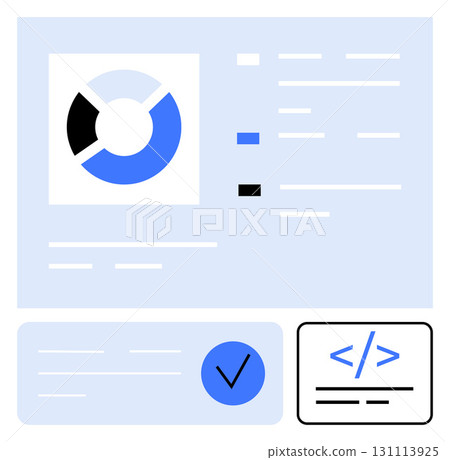 Data dashboard featuring segmented pie chart, legend with color indicators, coding symbol, and checklist. Ideal for business analytics, project management, software development, data visualization 131113925