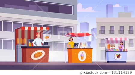 Street food. Urban landscape with fast food kiosks and coffee machines exact vector background Street food. Urban landscape with fast food kiosks and coffee machines exact vector background 131114189