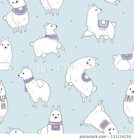 Llama pattern. happy cute white llamas playing. vector seamless background template 131114216