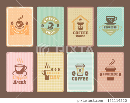 Coffee badges. collection cards with hot drinks mugs. vector template Coffee badges. collection cards with hot drinks mugs. vector template 131114220