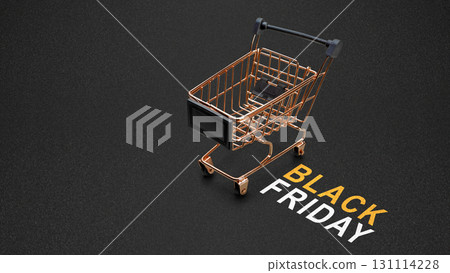 Closeup view of a shopping cart with text of Black Friday on a black background. Copy space. Black Friday sale concept Closeup view of a shopping cart with text of Black Friday on a black background. Copy space. Black Friday sale concept 131114228