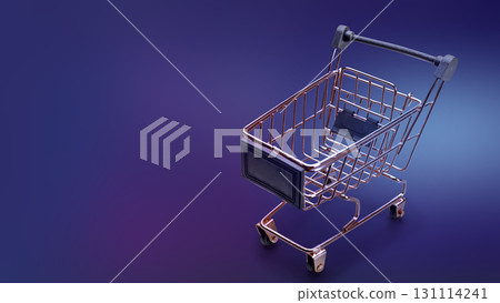 Closeup view of an empty shopping cart on a blue gradient background. Copy space. Cyber Monday sale concept 131114241