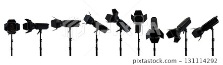 Collection set of professional studio lighting equipment with a tripod isolated over a white background 131114292