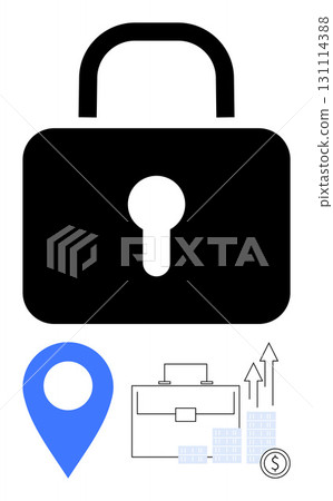 Black padlock symbolizes security, blue location marker for GPS, briefcase for business, arrows for growth, and coin for money. Ideal for business security, finance, navigation, data protection 131114388
