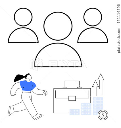 Three simple user icons, person walking confidently, briefcase, financial graph with upward arrows, and a money sign. Ideal for business, teamwork, career growth, personal development finance 131114396