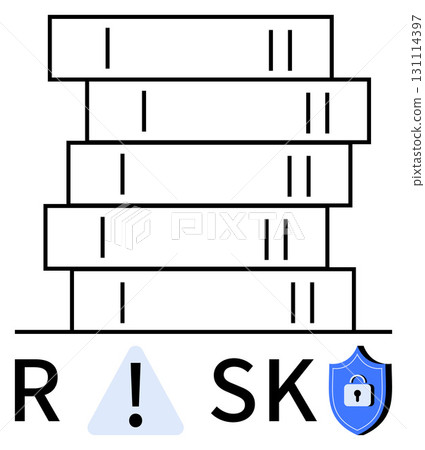 Stack of books balanced precariously with letters R, triangle with exclamation mark, S, K, blue shield with lock. Ideal for business, security, education, risk management insurance training 131114397