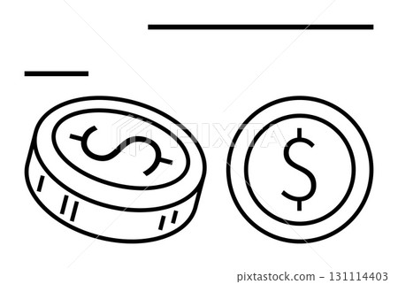 Two coins with dollar symbols representing monetary concepts. Ideal for finance, savings, investments, banking, wealth currency and economics. Line metaphor. Line metaphor. Simple line icons 131114403