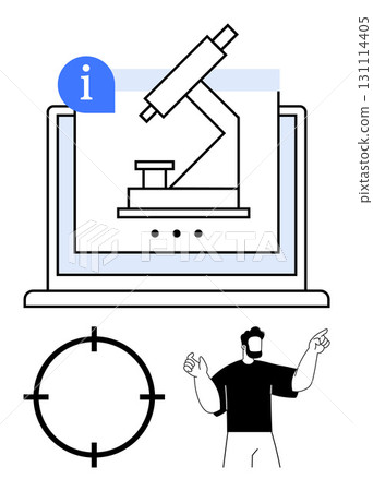 Laptop with microscope, information icon, target, and a human figure pointing. Ideal for education, science, technology, research presentations learning analysis. Line metaphor 131114405