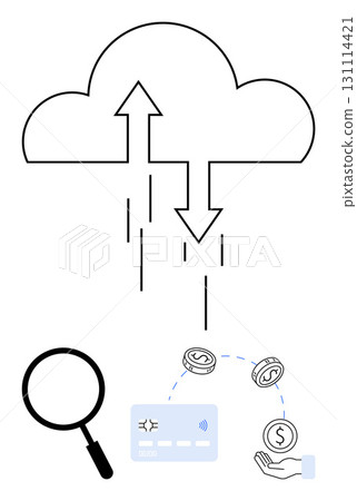 Cloud with arrows indicating data transfer, magnifying glass, credit card, hand exchanging money and coins. Ideal for fintech, banking, data analysis, cloud computing, finance management digital 131114421