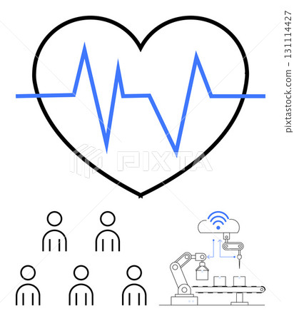 Heartbeat graph within a heart shape six people figures and Industry 4.0 robotic arm automation. Ideal for healthcare, technology, industry, teamwork, labor, innovation, and IoT. Line metaphor 131114427