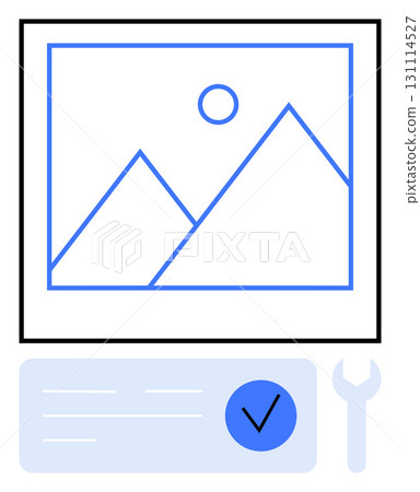 Mountain landscape photograph in frame above verification mark on document with wrench. Ideal for photo verification, approval, workflow, quality assurance, validation, digital content, process Mountain landscape photograph in frame above verification mark on document with wrench. Ideal for photo verification, approval, workflow, quality assurance, validation, digital content, process 131114527