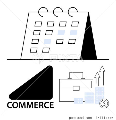 Monthly calendar with highlighted dates, briefcase, growing chart, and commerce symbol. Ideal for business planning, scheduling, financial growth, marketing, commerce corporate strategy economic 131114556