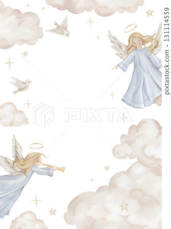 Vertical Banner watercolor illustration with angel with light hair and nimbus. Postcard for Christmas or Christian Nativity for religious baptism. Hand drawn illustration clouds and birds, stars 131114559