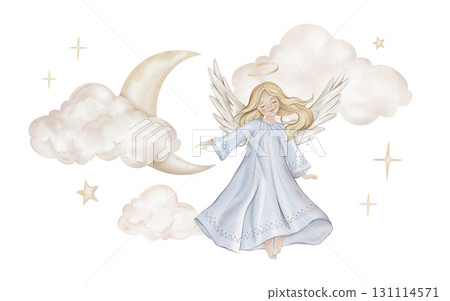 Christmas composition with angel with light hair and nimbus on moon. Watercolor illustration Christian Nativity angel with wings and stars and clouds for religious baptism invitation. Christmas composition with angel with light hair and nimbus on moon. Watercolor illustration Christian Nativity angel with wings and stars and clouds for religious baptism invitation. 131114571