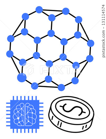 Network nodes connecting in a geometric pattern, AI processor with neural connections, and digital currency coin. Ideal for technology, blockchain, AI, finance, cryptocurrency, innovation future 131114574