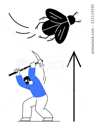 Man in blue shirt swinging hammer at flying insect with upward arrow indicating progress. Ideal for combatting challenges, achieving goals, overcoming obstacles, perseverance, determination Man in blue shirt swinging hammer at flying insect with upward arrow indicating progress. Ideal for combatting challenges, achieving goals, overcoming obstacles, perseverance, determination 131114595