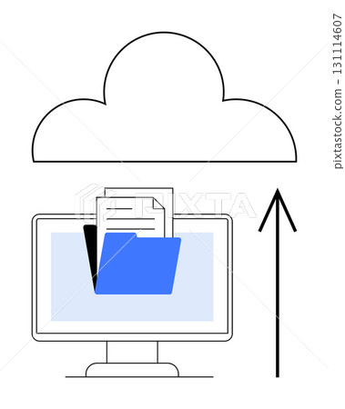 Folder and documents on a computer screen being uploaded to the cloud with an arrow pointing upwards. Ideal for cloud storage, data backup, online services, information technology, remote work Folder and documents on a computer screen being uploaded to the cloud with an arrow pointing upwards. Ideal for cloud storage, data backup, online services, information technology, remote work 131114607