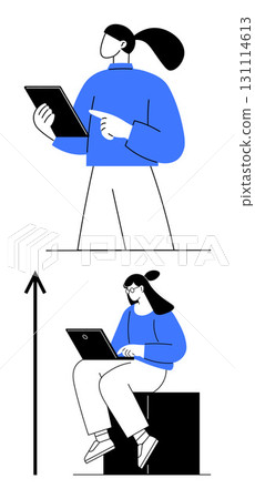Person reading tablet another using laptop. Themes empowerment technology growth learning focus, career, innovation. Ideal for tech, career growth, education, gender parity, skill development 131114613