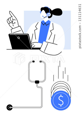 Doctor with headset consulting via laptop, stethoscope, and falling coins. Ideal for telehealth, online medical consultation, digital health services, financial management, remote diagnosis 131114631