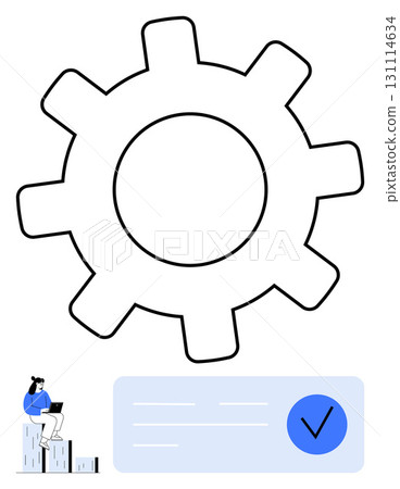Gear, woman with a laptop, check mark, and data chart. Ideal for business, productivity technology teamwork success data analysis and efficiency. Line metaphor. Line metaphor. Simple line icons 131114634