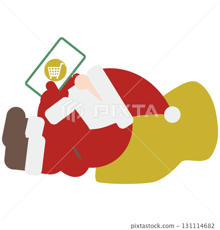 A cute profile of Santa Claus lying down and shopping online with his smartphone A cute profile of Santa Claus lying down and shopping online with his smartphone 131114682